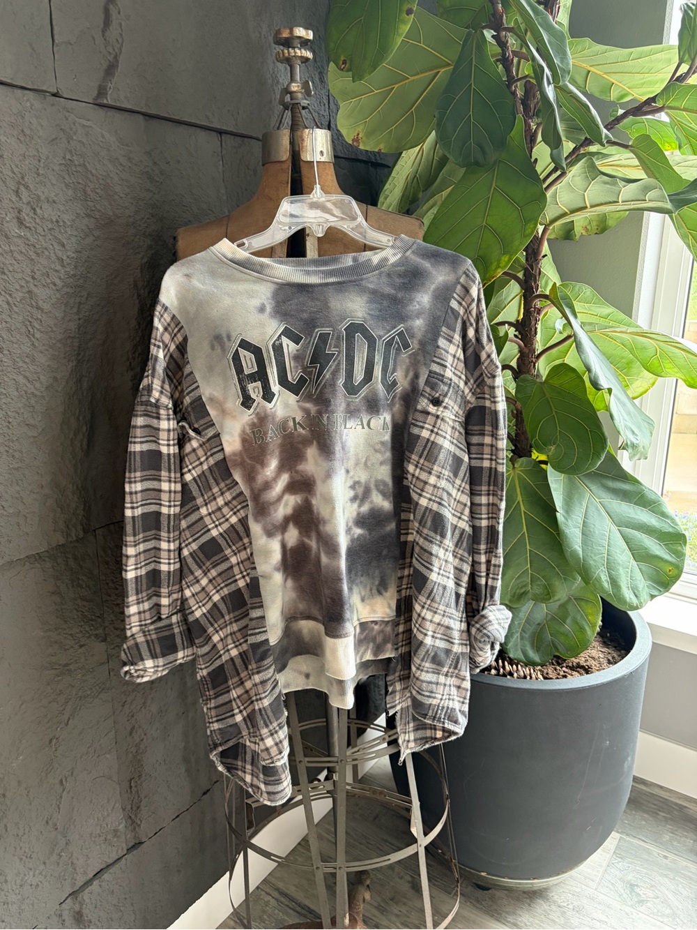 NOT PERFECT AC/DC Black & Cream Tie-Dye Plaid upcycle.